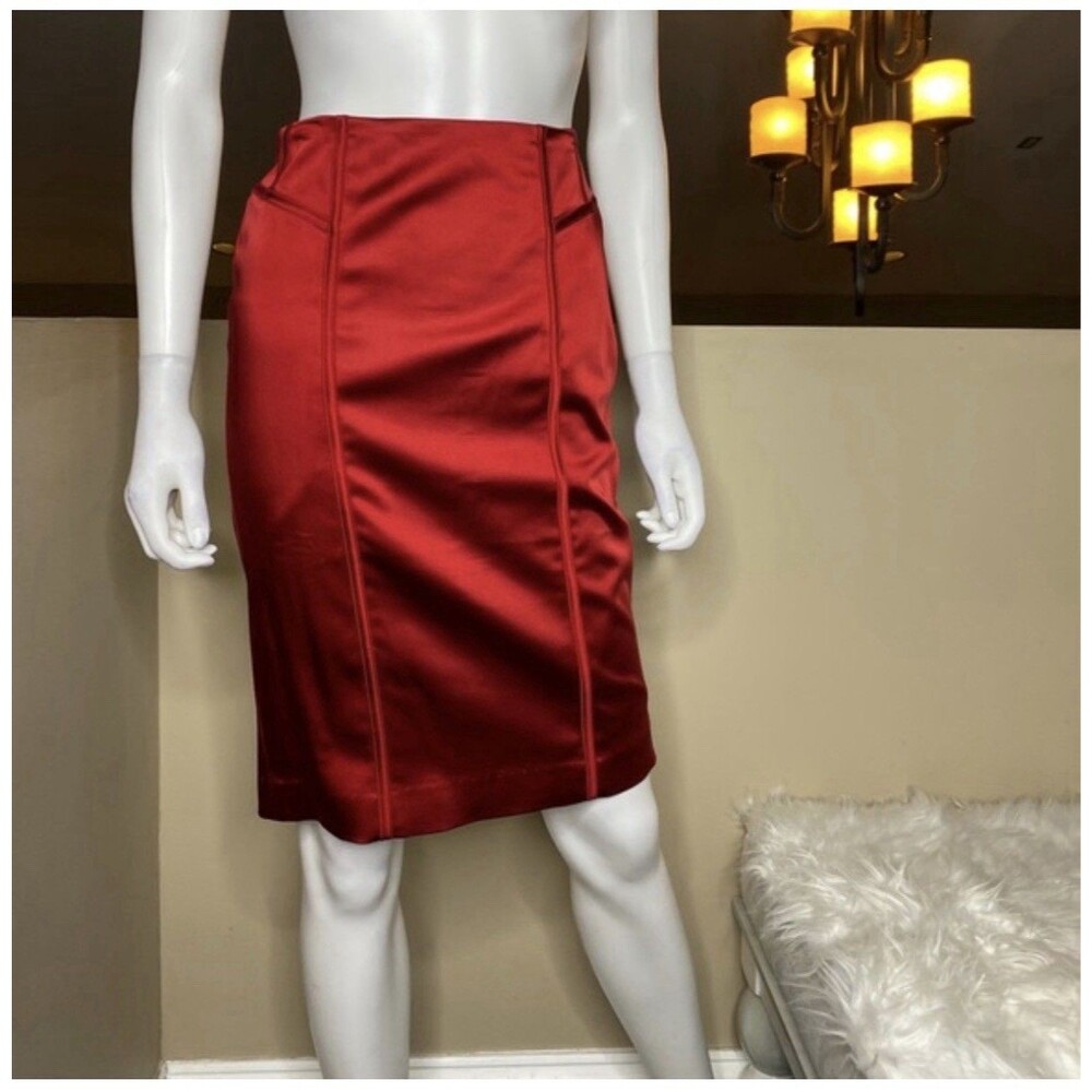 White House Black Market Deep Red Formal Satin Pencil Skirt Womens Size 2 NWT